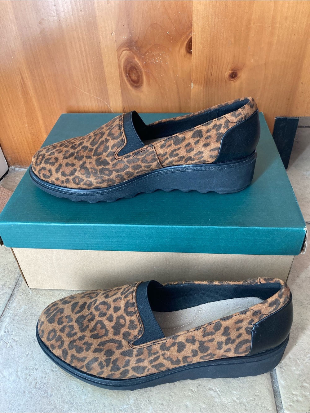 NIB Clarks Leopard Print Slip-On Loafers - Brown & Black - 7W